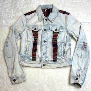 Free People Acid Wash Distressed Baja Jean Jacket with Fabric Inserts Size 2